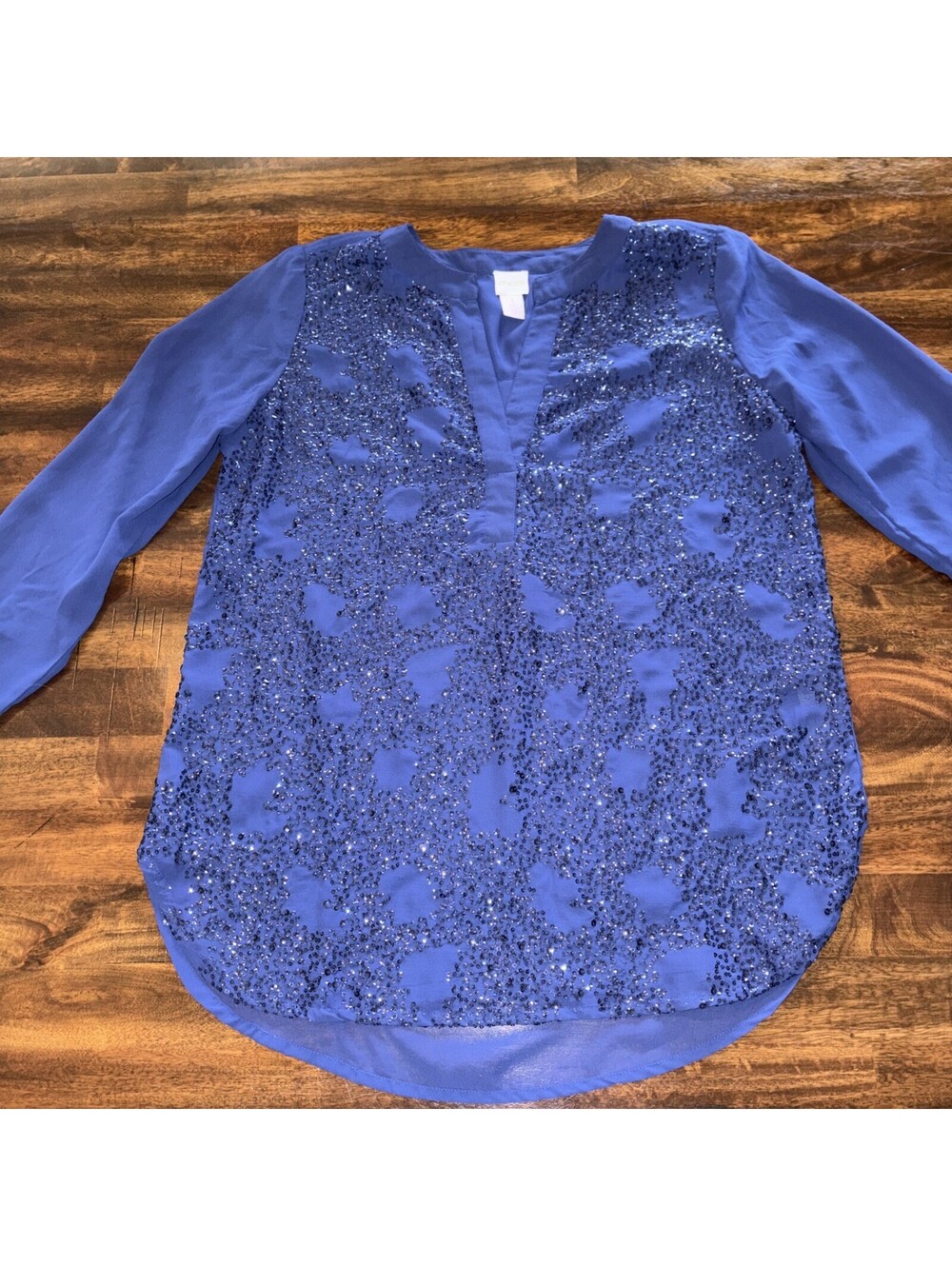 Chico's Size 1 Blue Sequin Embellished Chiffon Tunic Blouse (Medium 8-10)
